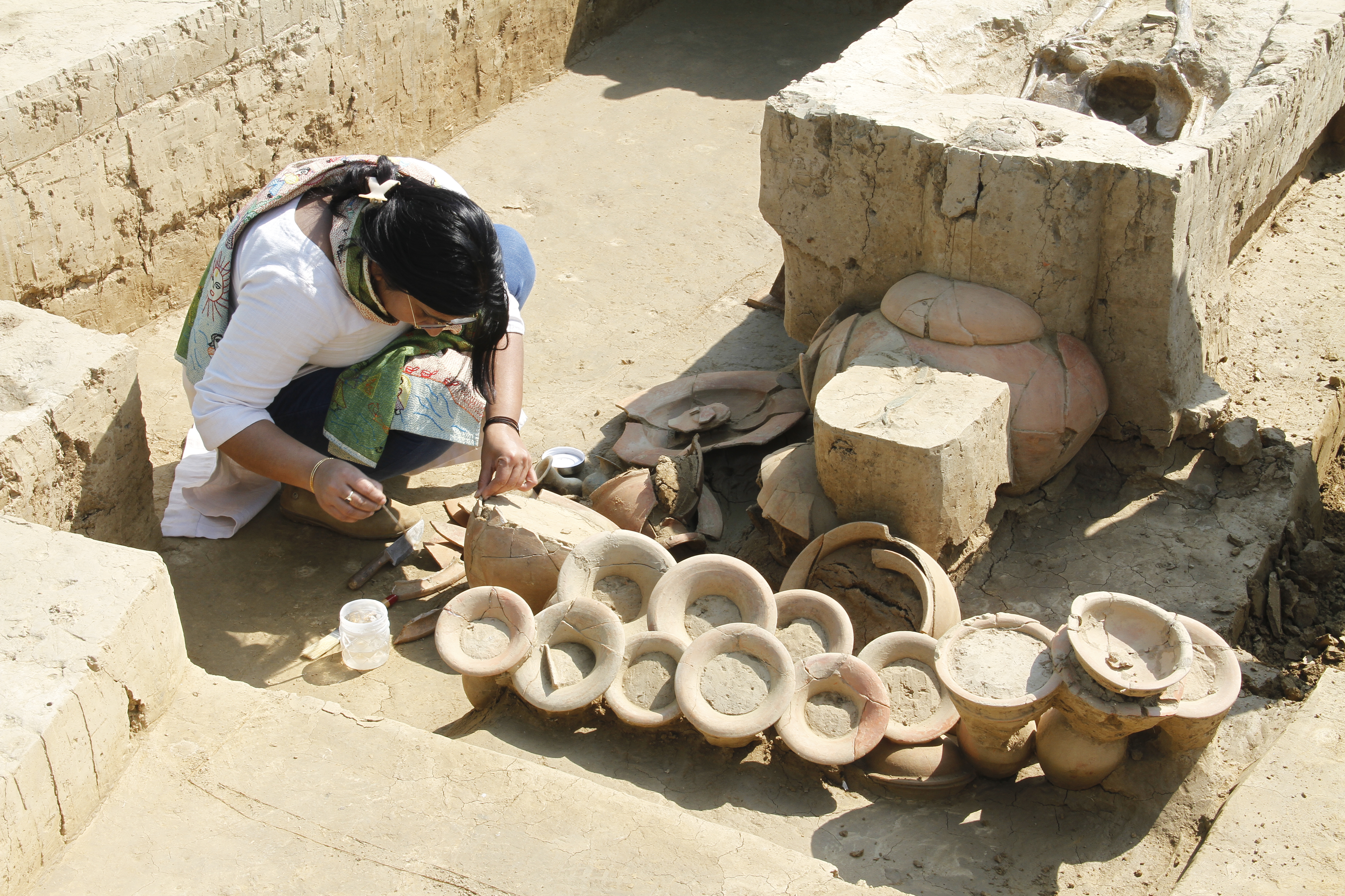 बागपत जिले में सादिकपुर सिनाैली साइट की खुदाई में मृद्भांड काे संरक्षित करती हुईं