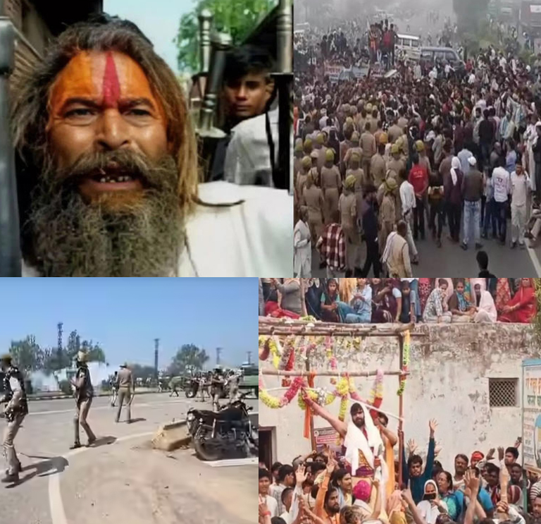 मृतक बाबा का फाइल फोटो, बवाल का दृश्य, अंतिम संस्कार पर उमड़ा जनसैलाब का दृश्य