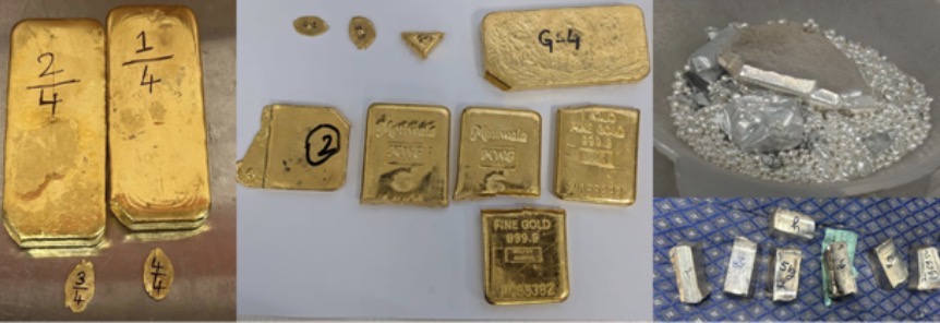 दिल्ली और कोलकाता में डीआरआई की कार्रवाई में जब्त किया गया विदेशी सोना, चांदी और नकदी। दिल्ली और कोलकाता में डीआरआई की कार्रवाई में जब्त किया गया विदेशी सोना, चांदी और नकदी।