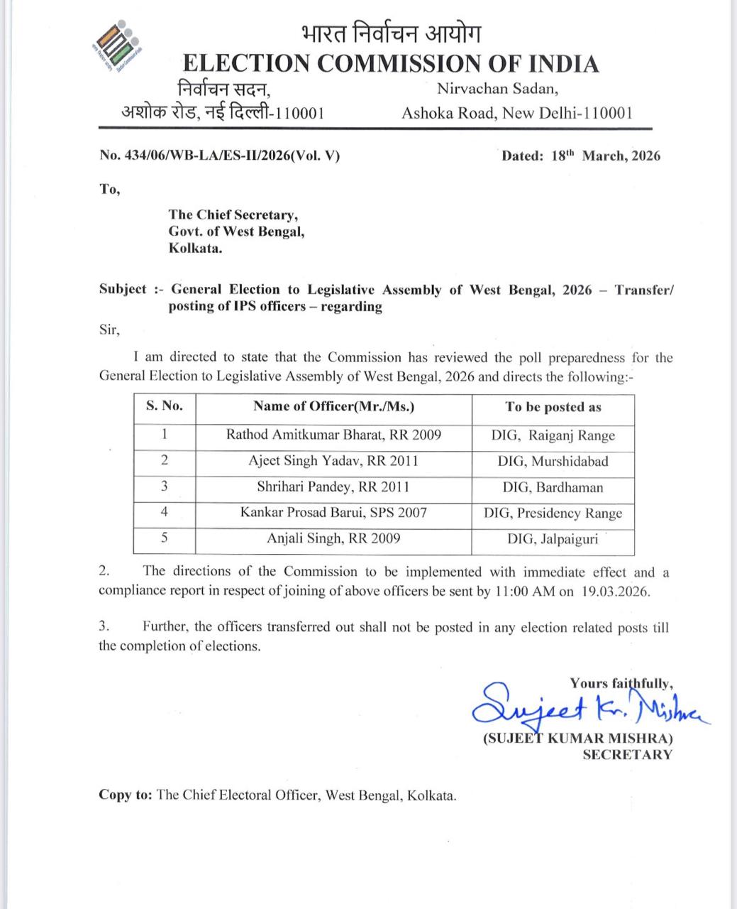 बंगाल में चुनाव आयोग ने पांच डीआईजी का किया तबादला