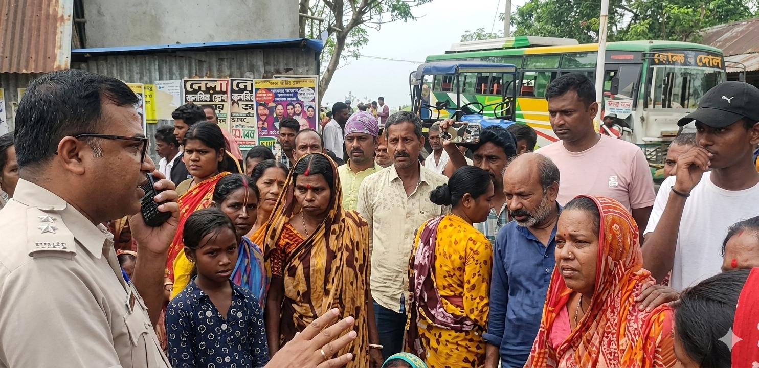 पुलिसकर्मी बेलपहाड़ी में आंदोलनकारी को समझाते हुए