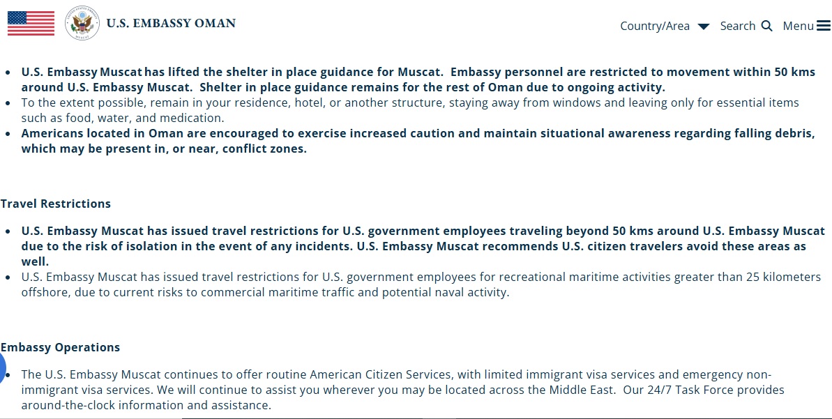 ओमान में माैजूद अमेरिकी दूतावास द्वारा जारी आदेश ओमान में माैजूद अमेरिकी दूतावास द्वारा जारी आदेश