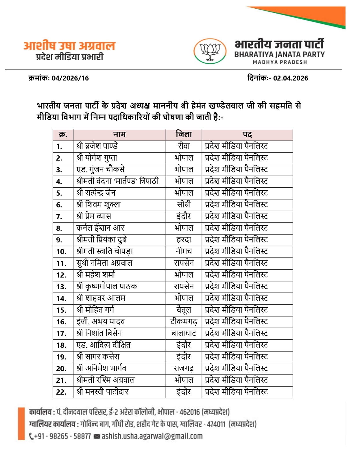 भाजपा के प्रदेश प्रवक्ता, सह मीडिया प्रभारी, मीडिया पैनलिस्ट एवं सदस्यों की सूची