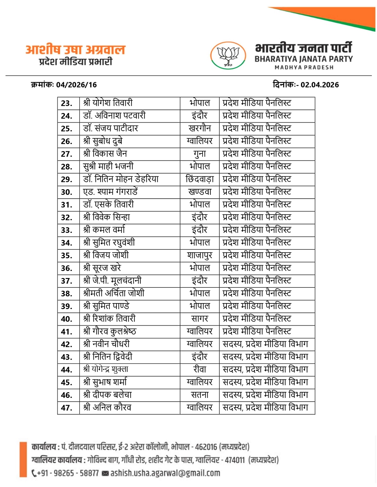 भाजपा के प्रदेश प्रवक्ता, सह मीडिया प्रभारी, मीडिया पैनलिस्ट एवं सदस्यों की सूची